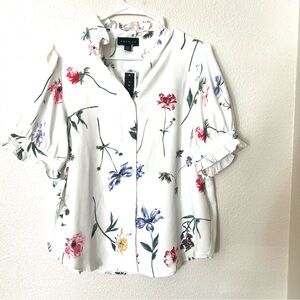 Premise White Floral Button-Down Blouse with Ruffle Sleeves